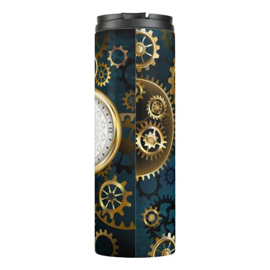 Stoomtech turquoise achtergrond met tandwielen thermosbeker (Achterkant)
