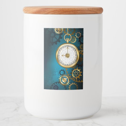 Stoomtech turquoise achtergrond met tandwielen voedselcontainer etiket (Voorkant)
