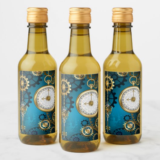 Stoomtech turquoise achtergrond met tandwielen wijn etiket (Flessen)