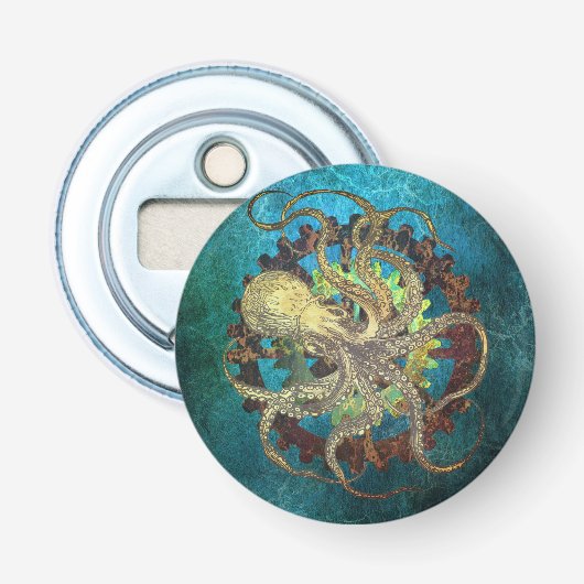 Stoomtechinkt Octopus & Tandwielmechaniek  Button Flesopener (Voorkant)