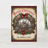 Stoomtechologie Krans Kaarsen Rode Lint Tandwielen Feestdagen Kaart (Voorkant)