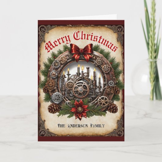 Stoomtechologie Krans Kaarsen Rode Lint Tandwielen Feestdagen Kaart (Voorkant)
