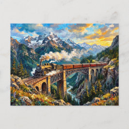 Stoomtrein Berg Brug Viaduct Zonsondergang Kunst Briefkaart
