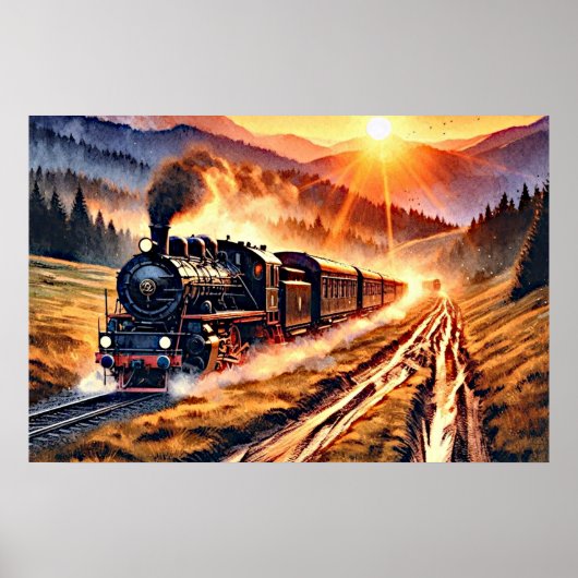 Stoomtrein bij zonsondergang poster