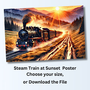 Stoomtrein bij zonsondergang poster