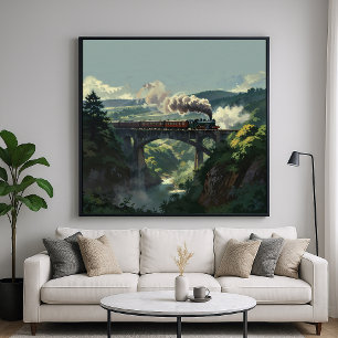 Stoomtrein Bridge - schilderachtige stijl landscha Poster