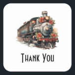 stoomtrein Classic Christmas Dank u Vierkante Sticker<br><div class="desc">Dank U stickers met een afbeelding van een oude  stoomtrein. Versierd met rode kerstbloemen.</div>