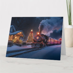 Stoomtrein die door een kerststad gaat kaart