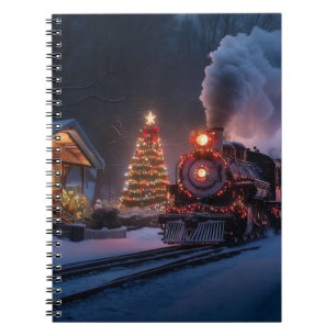 Stoomtrein die door een kerststad gaat notitieboek