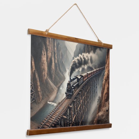 stoomtrein die een majestueuze canyon oversteekt hangend wandkleed (Gebogen)