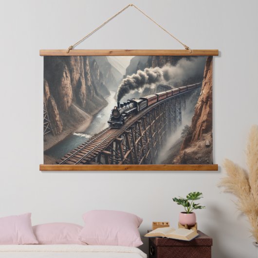  stoomtrein die een majestueuze canyon oversteekt hangend wandkleed (Slaapkamer)