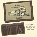 stoomtrein die gemakkelijk door wordt afgebroken, drievoud portemonnee<br><div class="desc">Eenvoudig verstoord door treinen - voeg naam toe en verander elke tekst - - zie veel meer cadeautjes voor het treinthema in mijn winkel - bekijk NU eens! - er zal iets zijn waar je van houdt!</div>