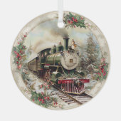 Stoomtrein door besneeuwde dennenbomen  glas ornament (Voorkant)