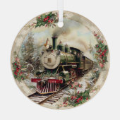 Stoomtrein door besneeuwde dennenbomen  glas ornament (Achterkant)