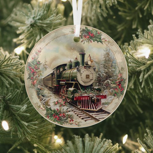 Stoomtrein door besneeuwde dennenbomen  glas ornament (Insitu)