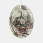 Stoomtrein door besneeuwde dennenbomen  glas ornament (Voorkant links)