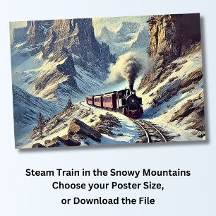 Stoomtrein in de besneeuwde bergen, spoorweg poster