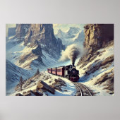 Stoomtrein in de besneeuwde bergen, spoorweg poster (Voorkant)