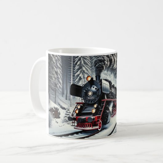  stoomtrein in een besneeuwd bos koffiemok (Voorkant links)