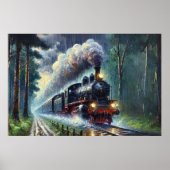 Stoomtrein in het regenwoud bij nacht, spoorweg poster (Voorkant)