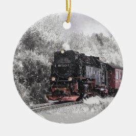 Stoomtrein in sneeuw keramisch ornament