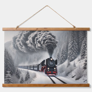  stoomtrein in Snowy Forest Hangend Wandkleed