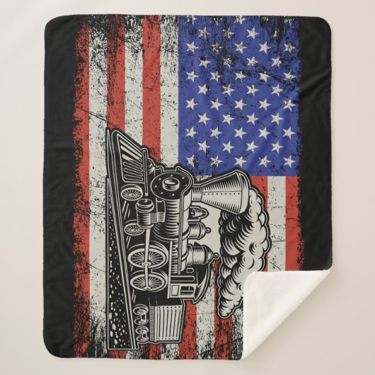 Stoomtrein motor op Amerikaanse vlag Sherpa Deken (Voorkant)