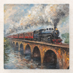 Stoomtrein op een Brug - Olie Schilderij Glazen Onderzetter