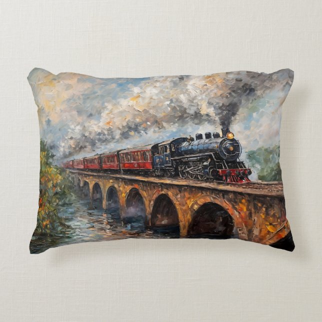 Stoomtrein op een brug - olieverfschilderij accent kussen (Voorkant)