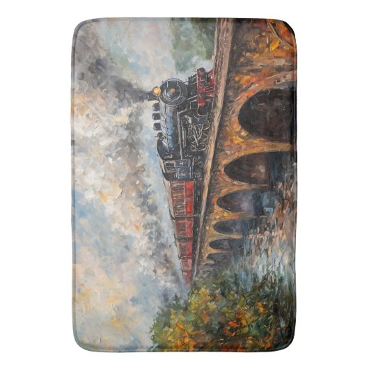 Stoomtrein op een brug - olieverfschilderij badmat (Voorkant Verticaal)