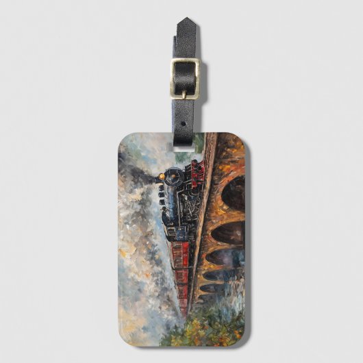 Stoomtrein op een brug - olieverfschilderij bagagelabel (Voorkant (verticaal))