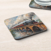 Stoomtrein op een brug - olieverfschilderij bier onderzetter (Linkerzijde)