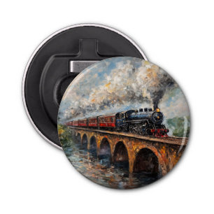 Stoomtrein op een brug - olieverfschilderij button flesopener