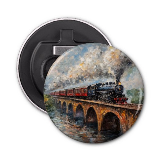 Stoomtrein op een brug - olieverfschilderij button flesopener (Voorkant)