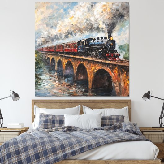 Stoomtrein op een brug - olieverfschilderij canvas afdruk (Insitu (Slaapkamer))