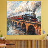 Stoomtrein op een brug - olieverfschilderij canvas afdruk (Insitu (Woonkamer))