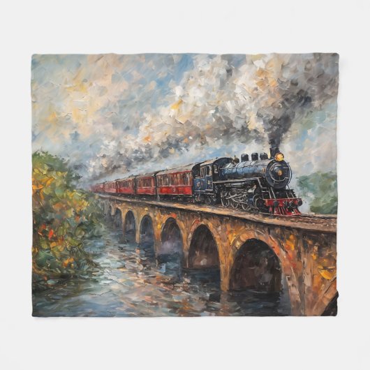Stoomtrein op een brug - olieverfschilderij fleece deken (Voorkant (Horizontaal))