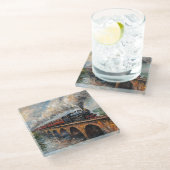 Stoomtrein op een brug - olieverfschilderij glazen onderzetter (Schuin)