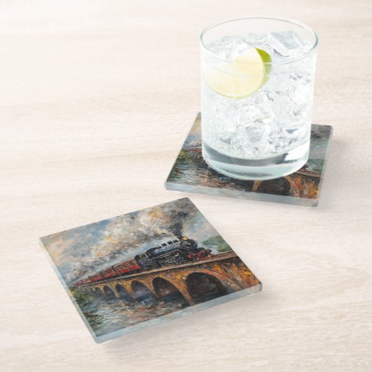 Stoomtrein op een brug - olieverfschilderij glazen onderzetter (Schuin)