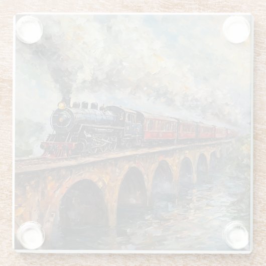 Stoomtrein op een brug - olieverfschilderij glazen onderzetter (Achterkant)