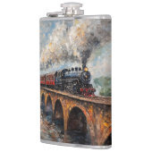 Stoomtrein op een brug - olieverfschilderij heupfles (Links)