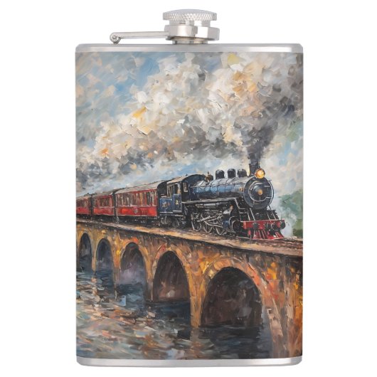 Stoomtrein op een brug - olieverfschilderij heupfles (Voorkant)