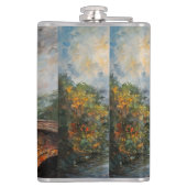 Stoomtrein op een brug - olieverfschilderij heupfles (Achterkant)