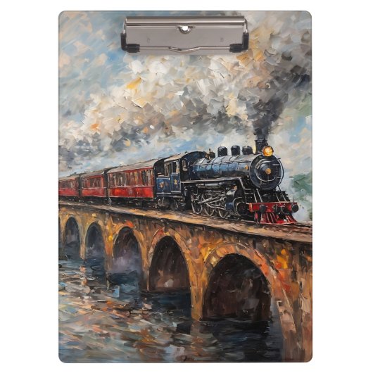 Stoomtrein op een brug - olieverfschilderij klembord (Voorkant)