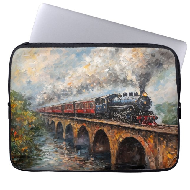 Stoomtrein op een brug - olieverfschilderij laptop sleeve (Voorkant)