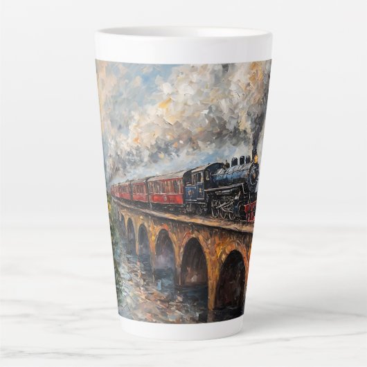 Stoomtrein op een brug - olieverfschilderij latte mok (Voorkant)
