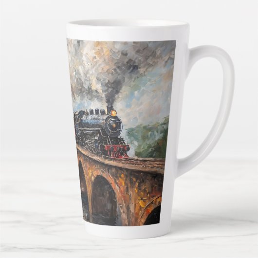 Stoomtrein op een brug - olieverfschilderij latte mok (Rechts)
