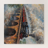 Stoomtrein op een brug - olieverfschilderij legpuzzel (Horizontaal)