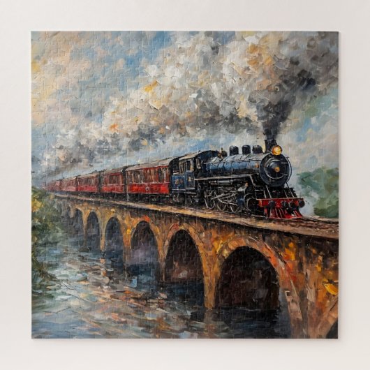 Stoomtrein op een brug - olieverfschilderij legpuzzel (Verticaal)