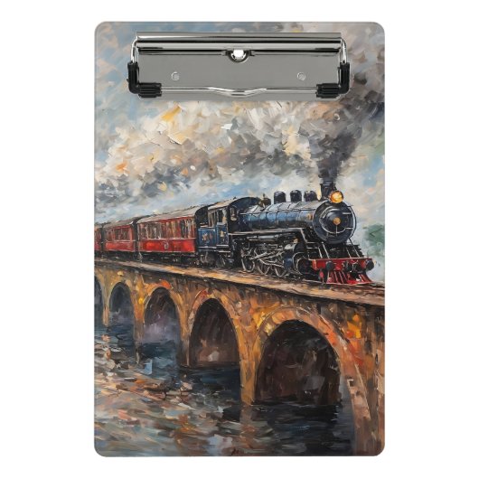 Stoomtrein op een brug - olieverfschilderij mini klembord (Voorkant)